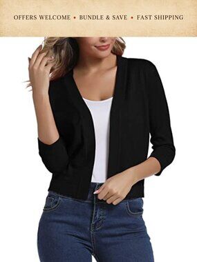 Cropped Cardigan Sweater 3/4 Sleeve Open Front Shrug for Women